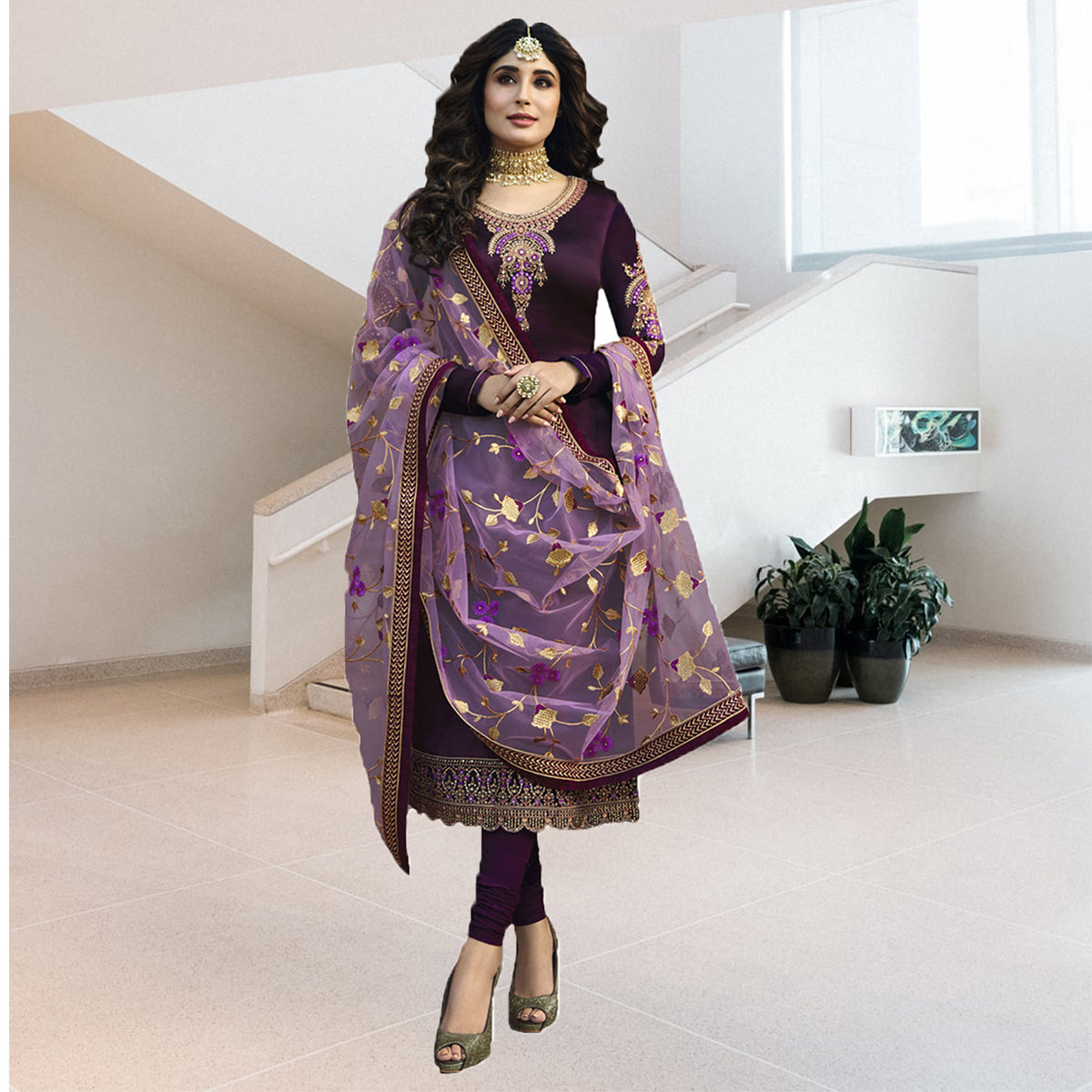 Shafnufab Purple Fancy Designer Latest Stylish Festive Wear Satin Georgette With Embroidery Work