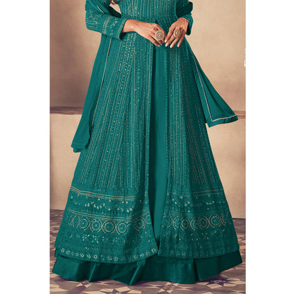 Shafnufab Georgette Fabric Cyan Color Sangeet Wear Sharara Top Lehenga