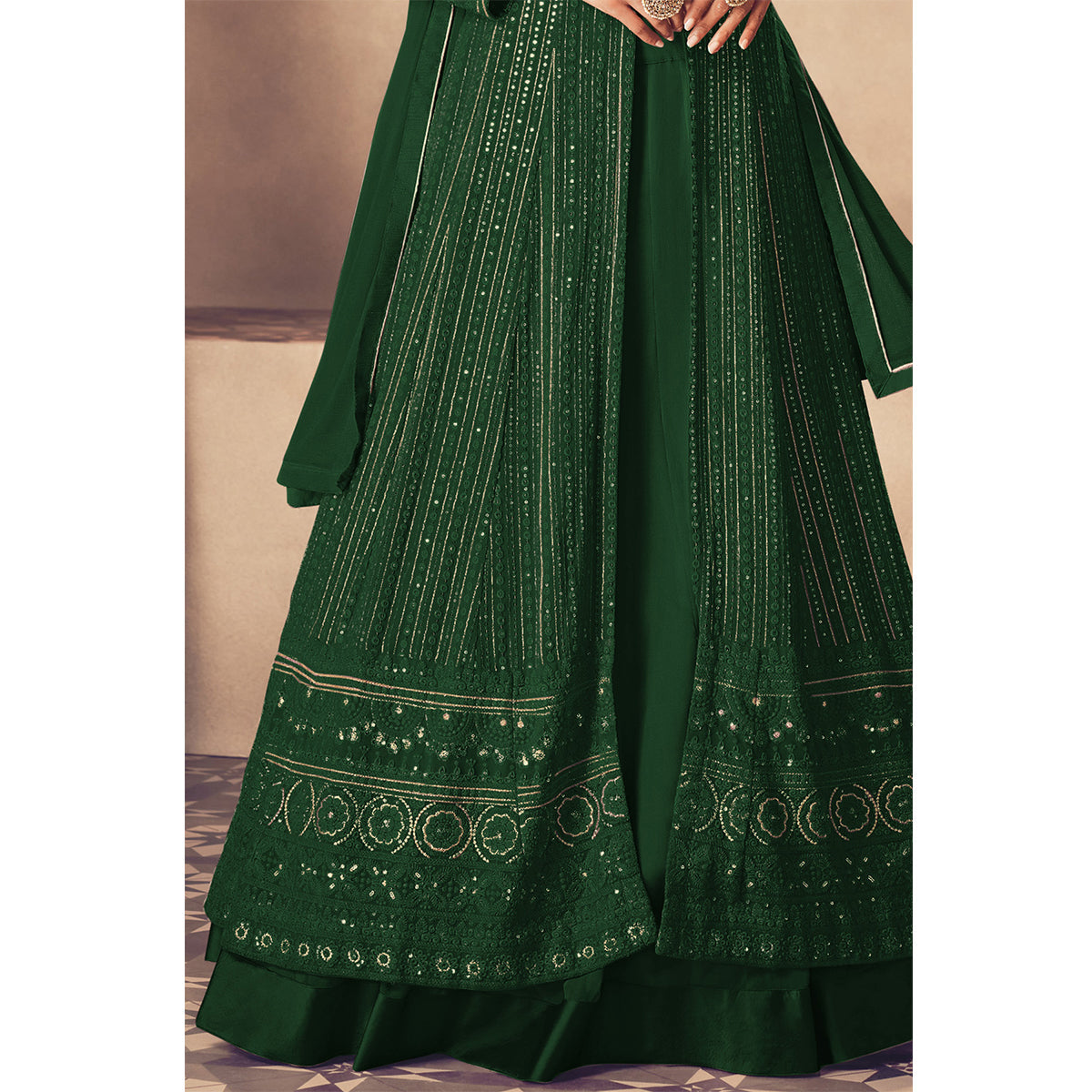 Shafnufab Georgette Fabric Green Color Sangeet Wear Sharara Top Lehenga
