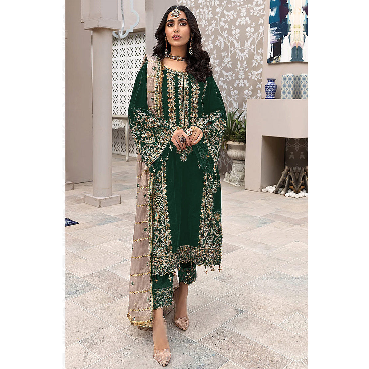 Shafnufab Women's Georgette Semi Stitched Pakistani Salwar Suit In Green