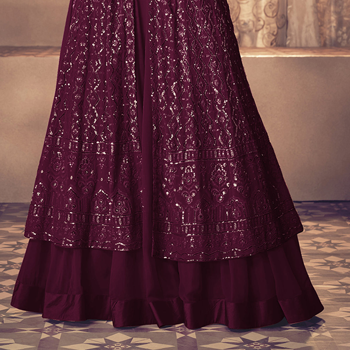 Shafnufab Georgette Fabric Purple Color Sangeet Wear Sharara Top Lehenga