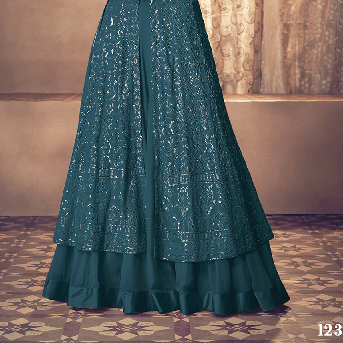 Shafnufab Georgette Fabric Turquoise Color Sangeet Wear Sharara Top Lehenga
