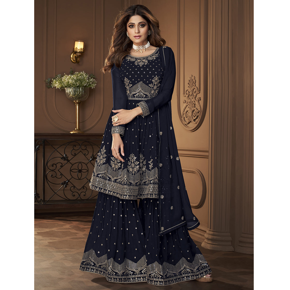 Shafnufab Heavy Faux Georgette Semi Stitched Plazzo Suit In BLUE COLOR