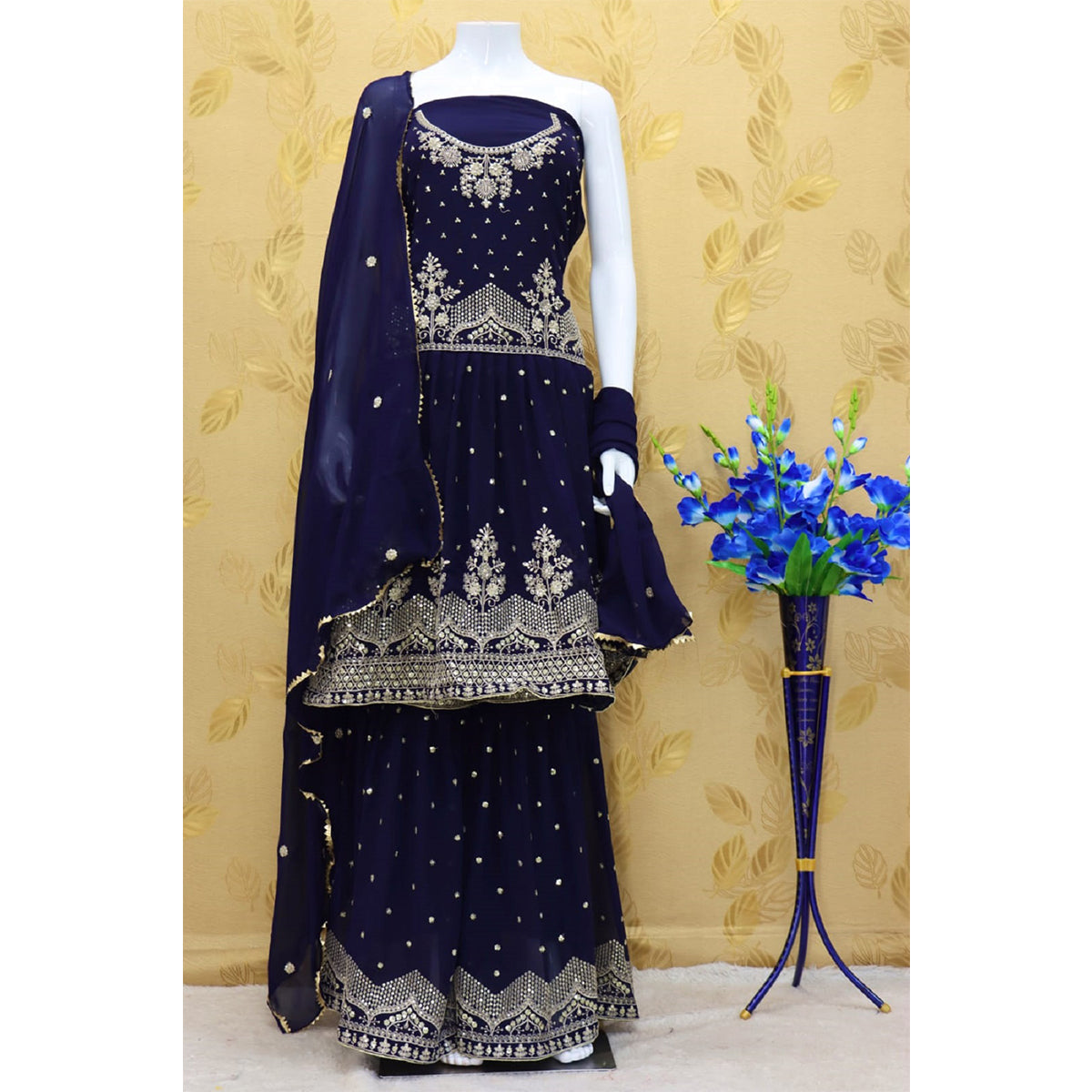 Shafnufab Heavy Faux Georgette Semi Stitched Plazzo Suit In BLUE COLOR