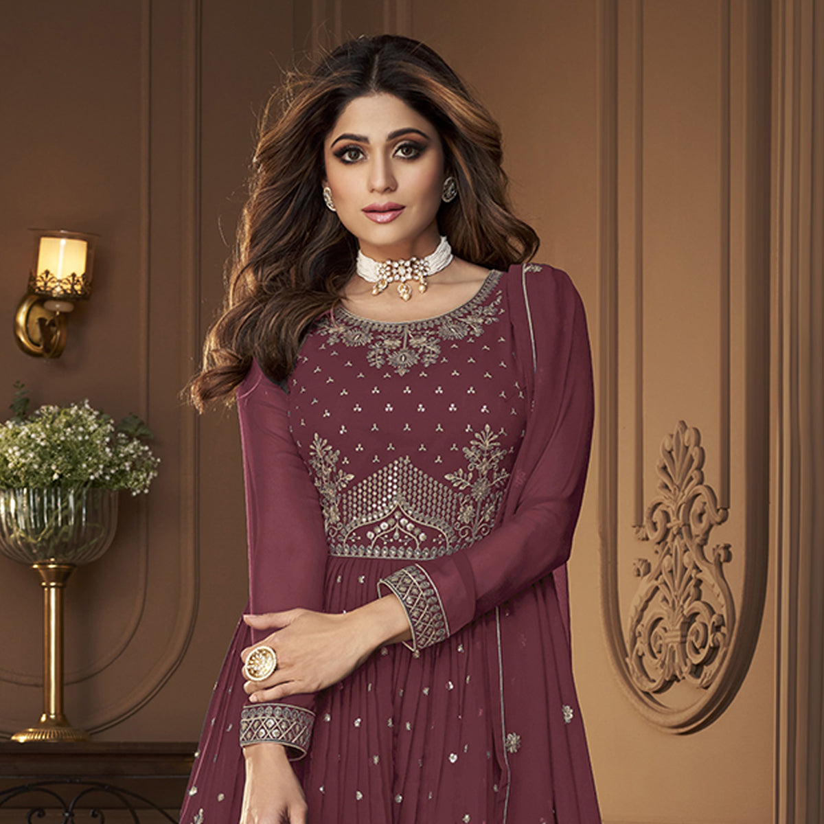 Shafnufab Heavy Faux Georgette Semi Stitched Plazzo Suit In Maroon Colour