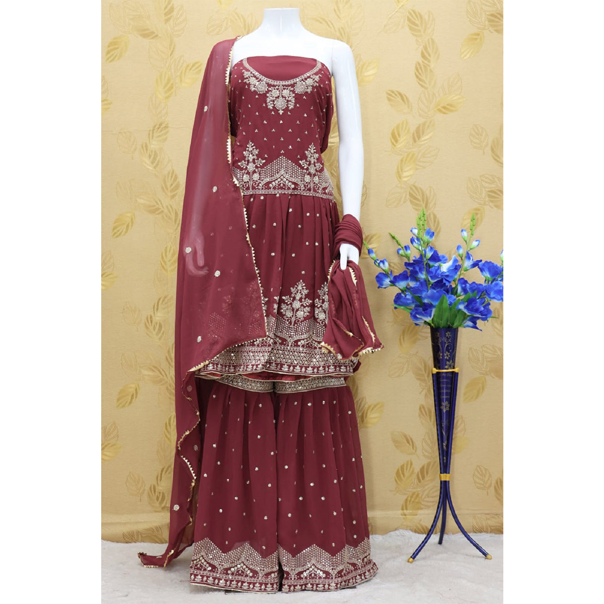 Shafnufab Heavy Faux Georgette Semi Stitched Plazzo Suit In Maroon Colour