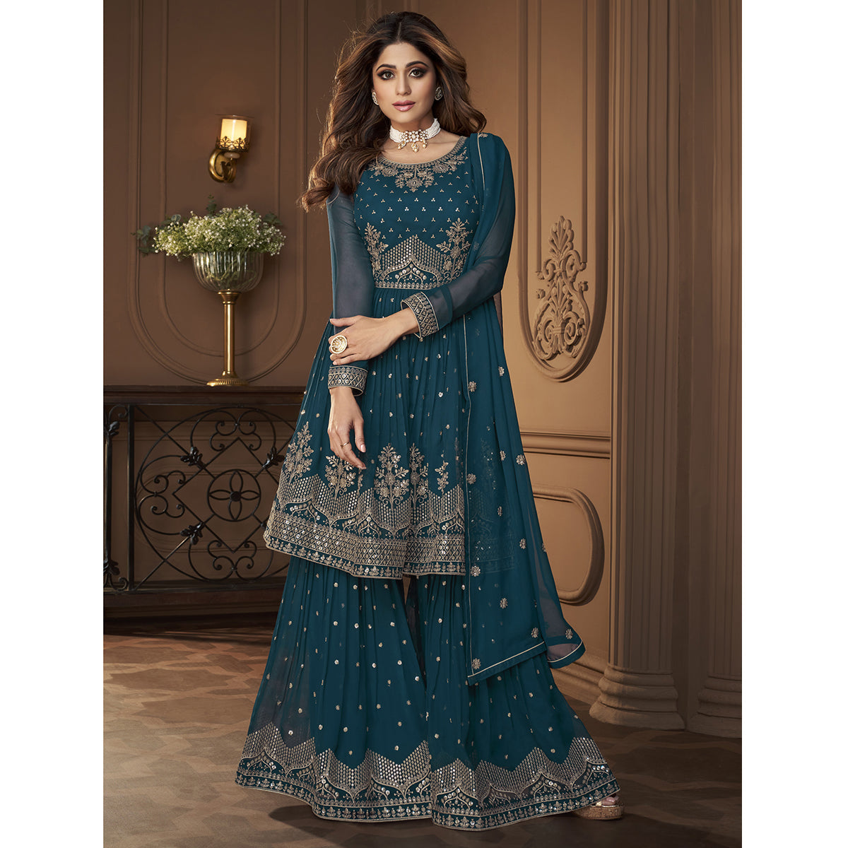 Shafnufab Heavy Faux Georgette Semi Stitched Plazzo Suit In Turquoise Colour