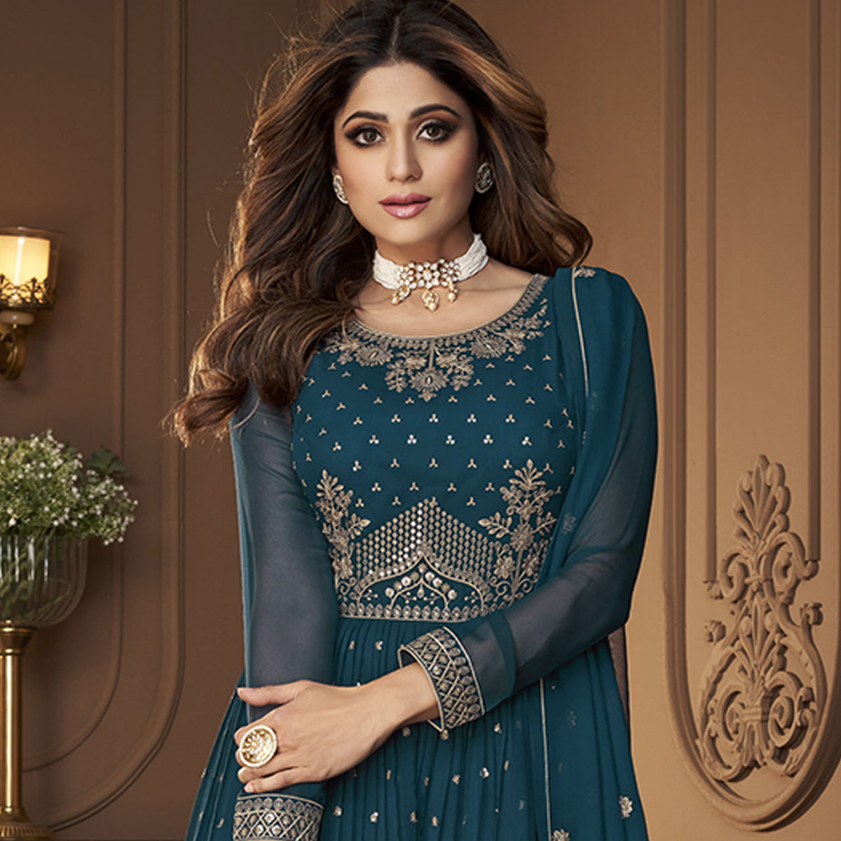 Shafnufab Heavy Faux Georgette Semi Stitched Plazzo Suit In Turquoise Colour