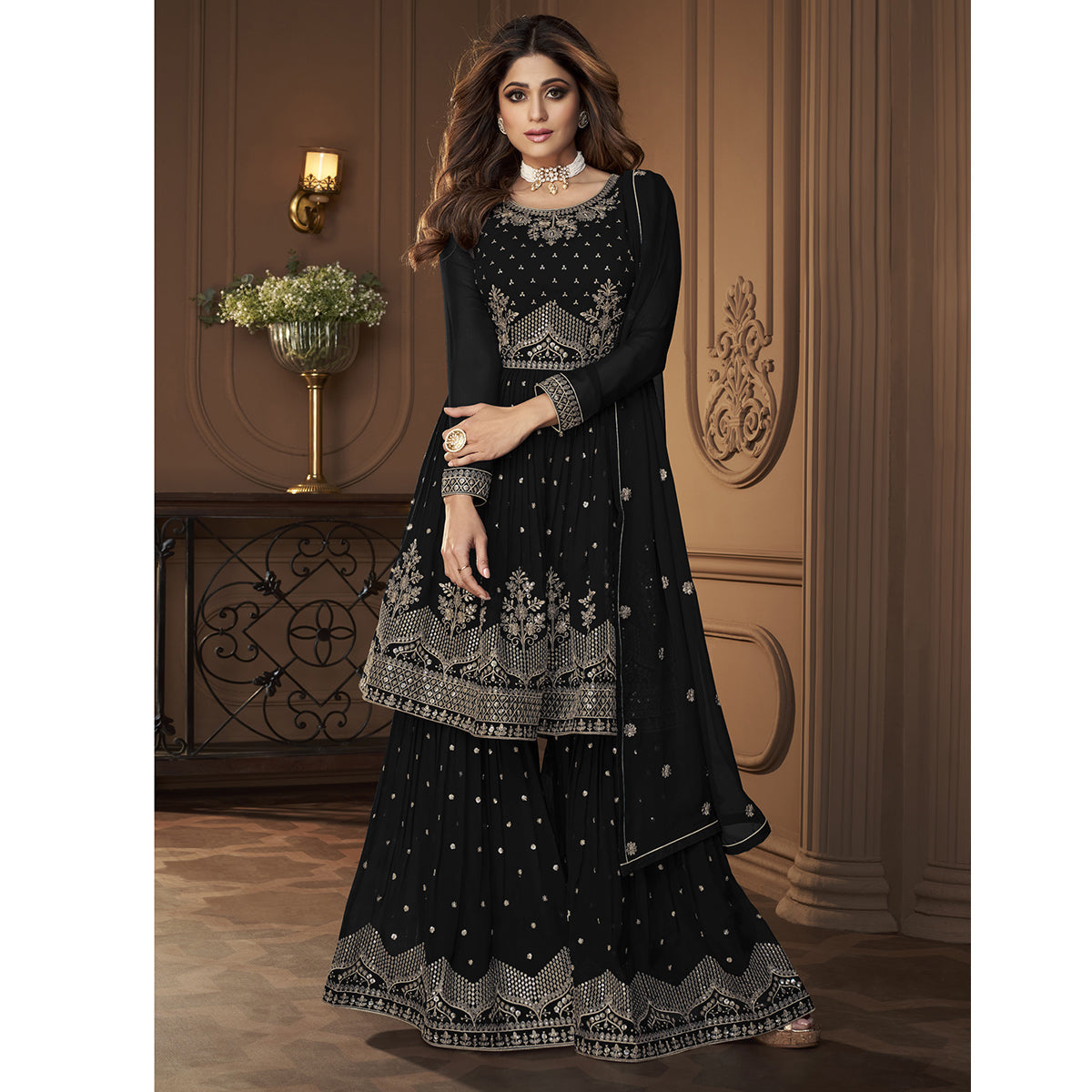 Shafnufab Heavy Faux Georgette Semi Stitched Plazzo Suit In Black COLOR