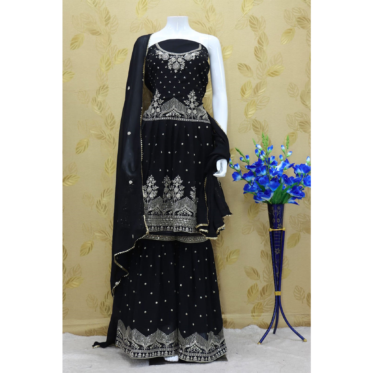 Shafnufab Heavy Faux Georgette Semi Stitched Plazzo Suit In Black COLOR