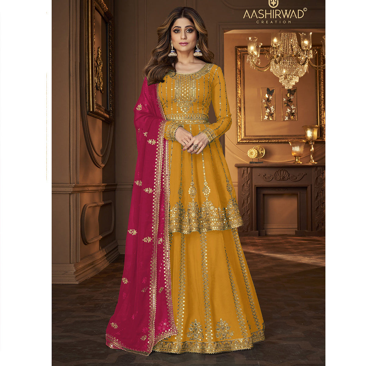 Shafnufab Yellow Indian Pakistani rich look georgette salwar kameez suit