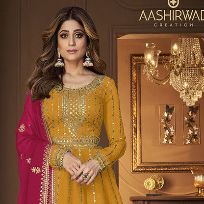 Shafnufab Yellow Indian Pakistani rich look georgette salwar kameez suit