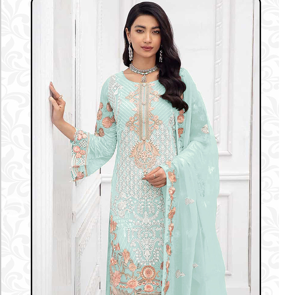 Shafnufab Charizma Georgette Pakistani Suits Collection In Sky Blue Colour