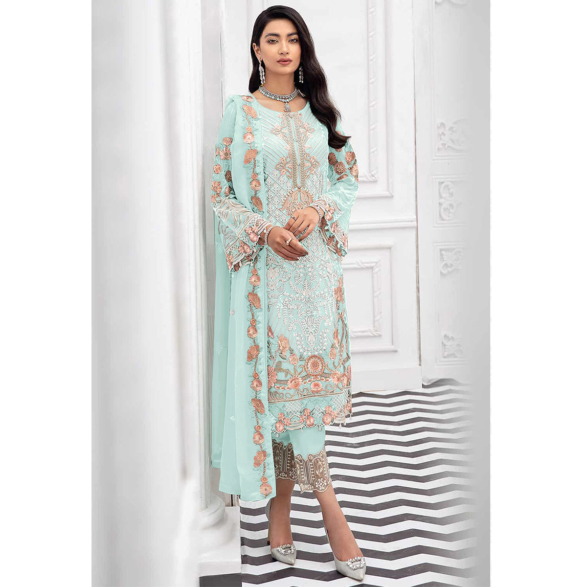 Shafnufab Charizma Georgette Pakistani Suits Collection In Sky Blue Colour
