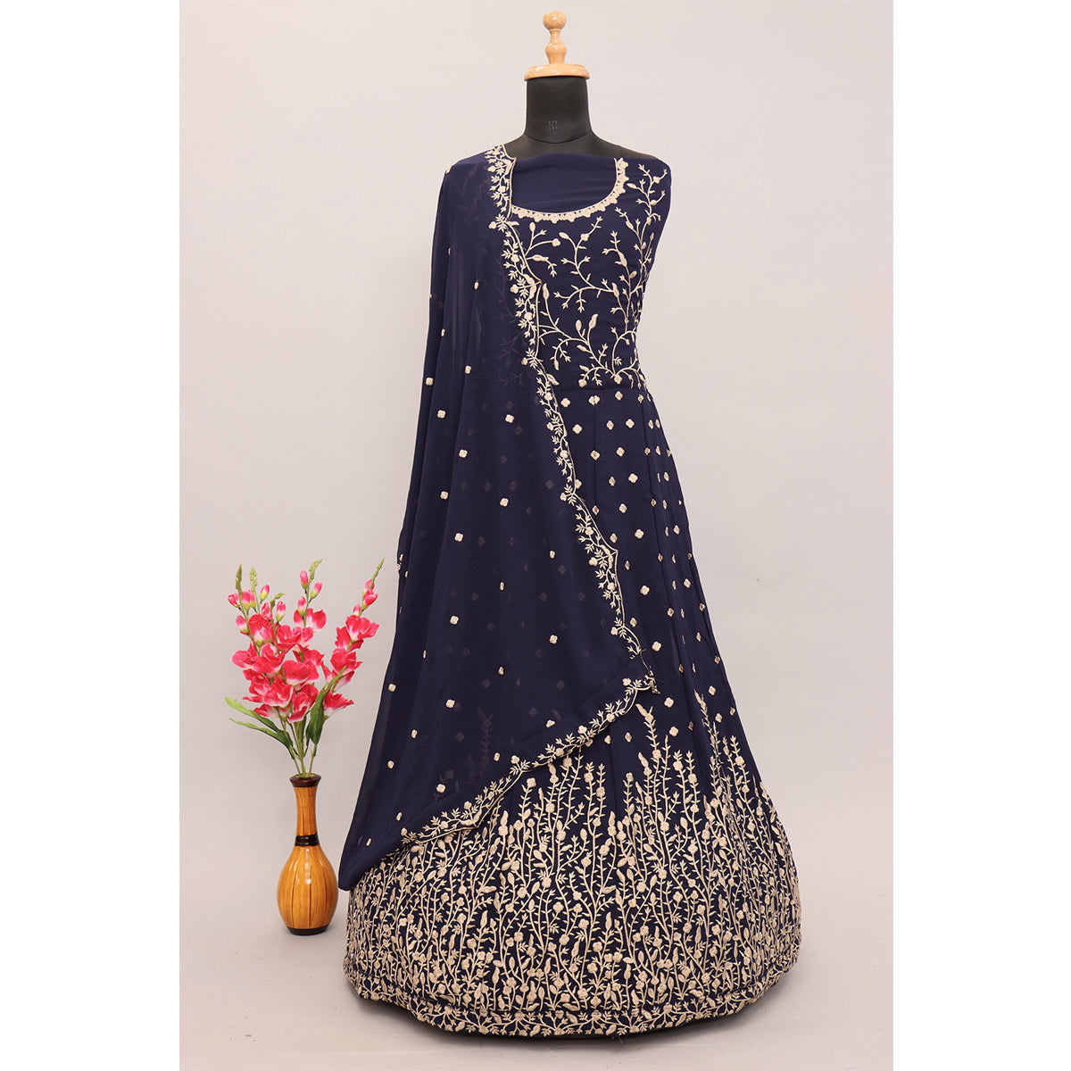 Shafnufab Navy Blue Designer Heavy Embroidered Georgette Wedding Anarkali Suit