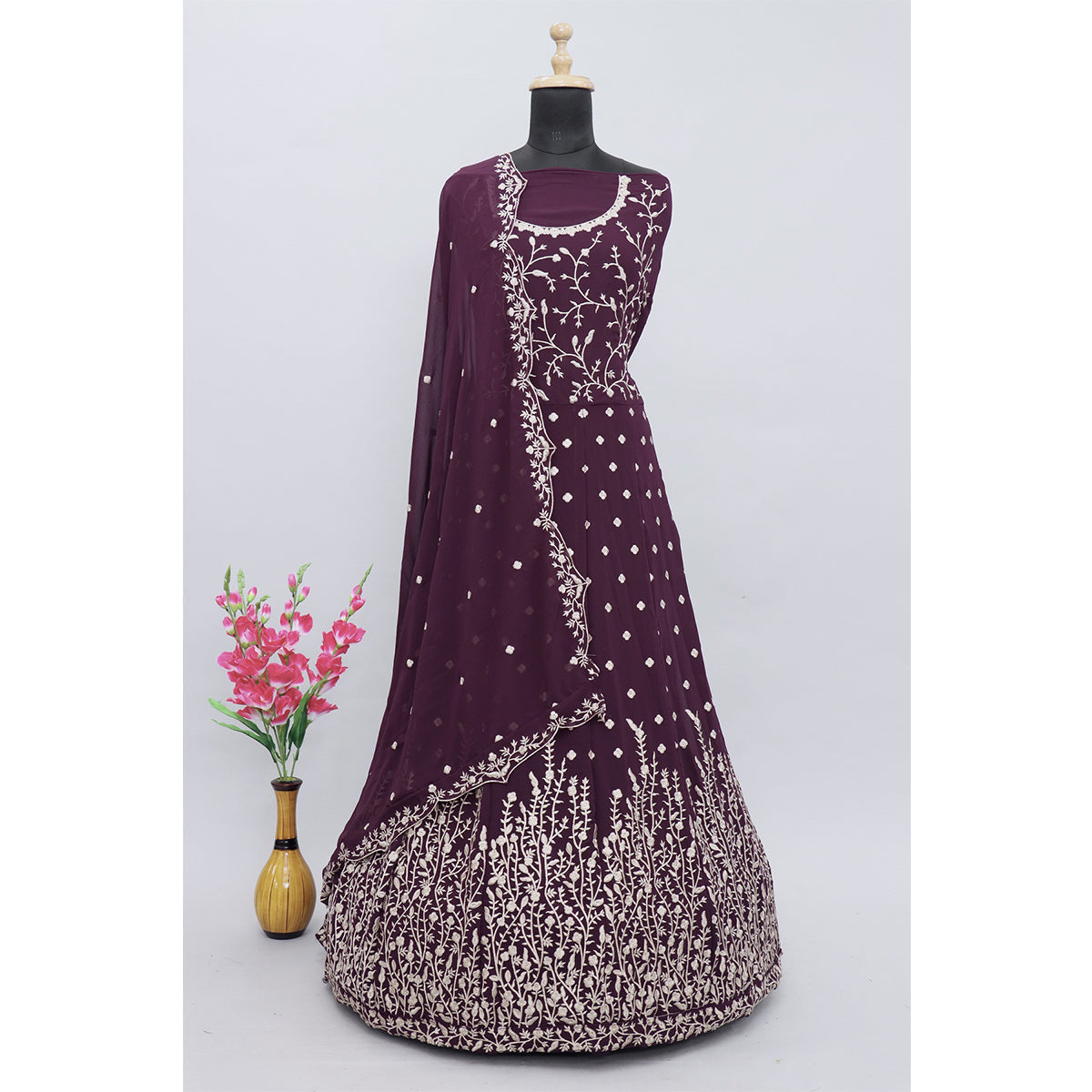 Shafnufab Purple Designer Heavy Embroidered Georgette Wedding Anarkali Suit