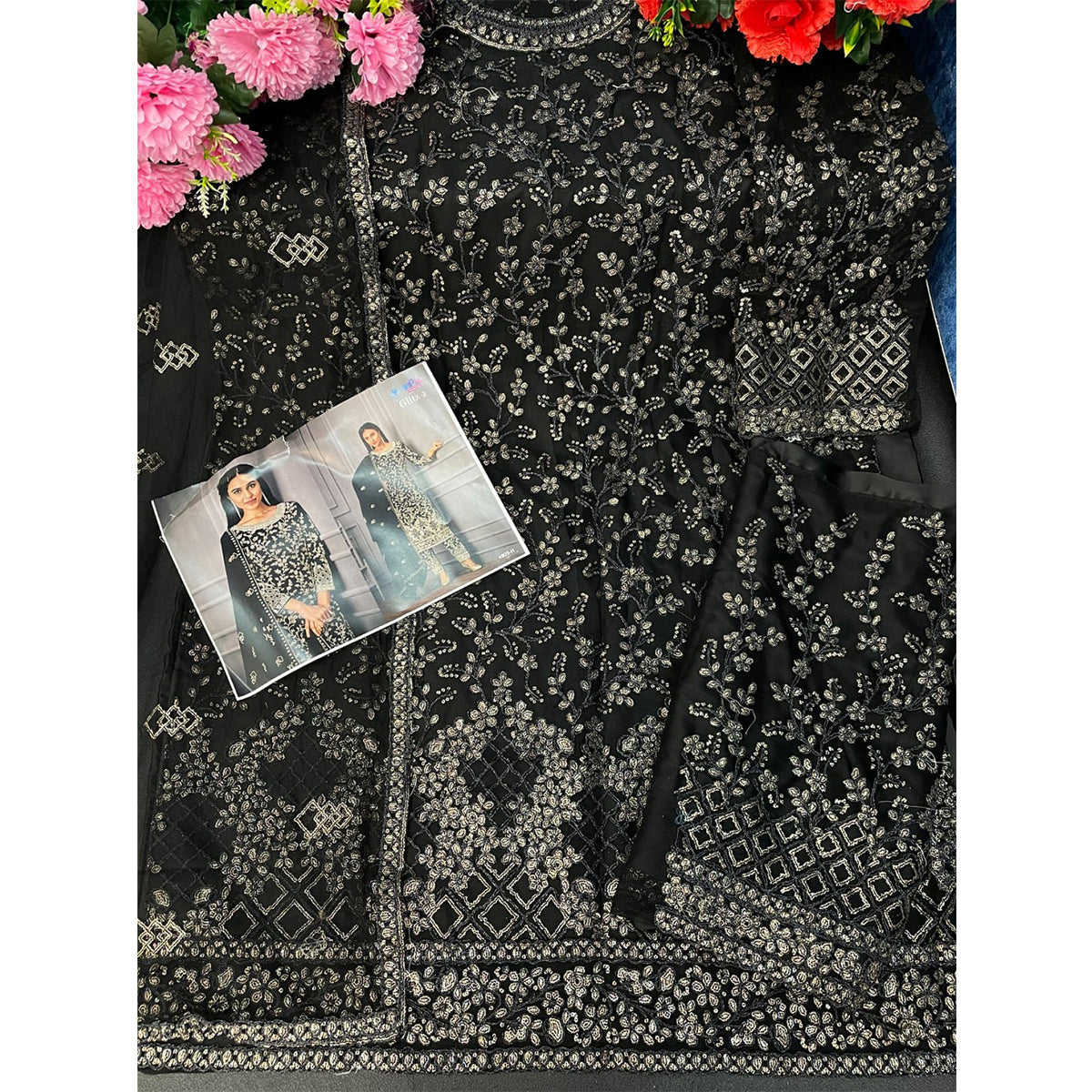 Shafnufab Butterfly Net Embroidery Pant Style Suit In Black Colour