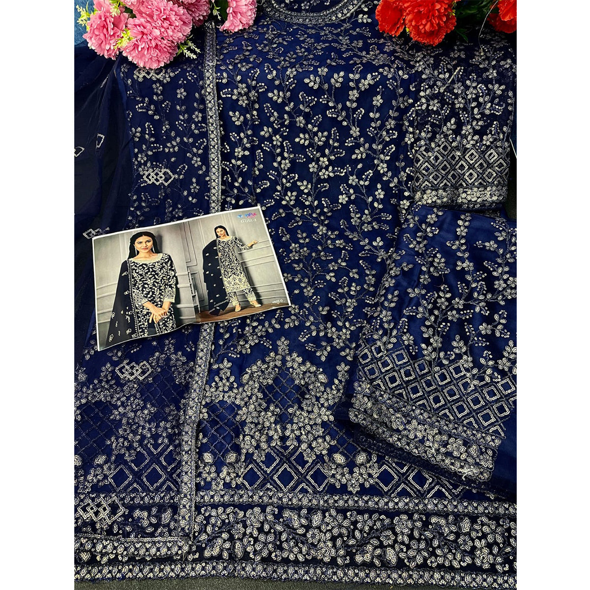 Shafnufab Butterfly Net Embroidery Pant Style Suit In Blue Colour