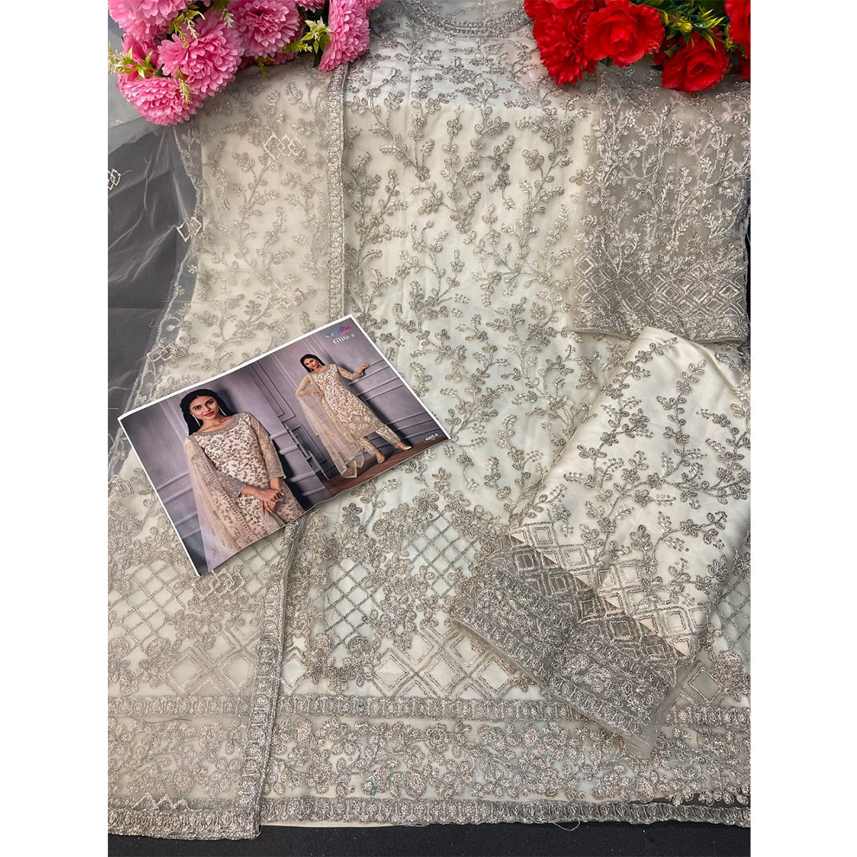 Shafnufab Butterfly Net Embroidery Pant Style Suit In beige Colour