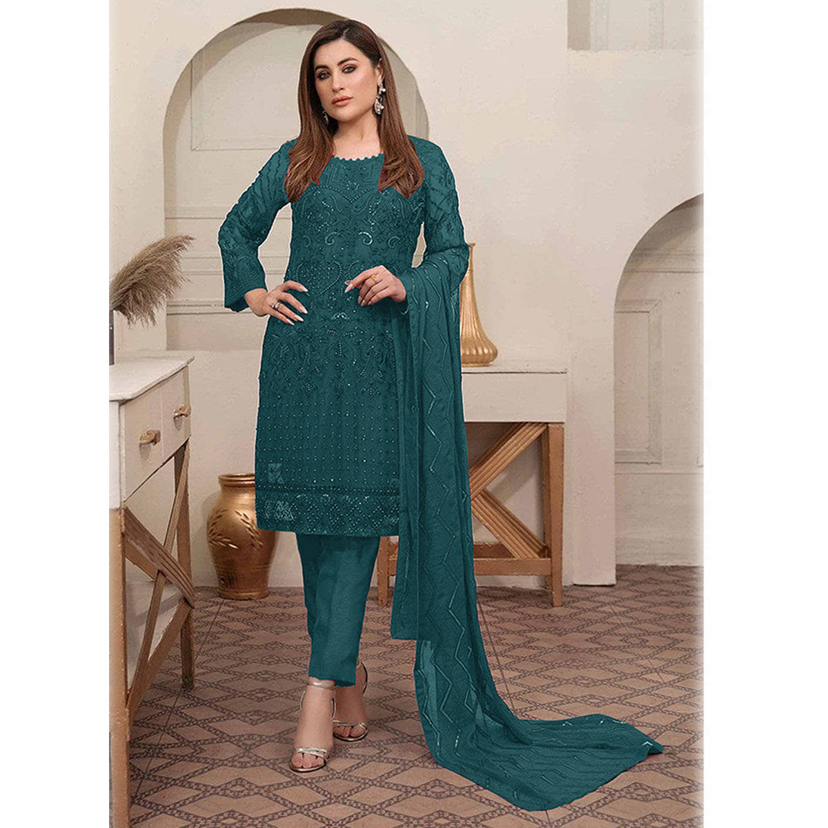 Shafnufab  Georgette Pakistani Suits Collection In Tourquise Colour