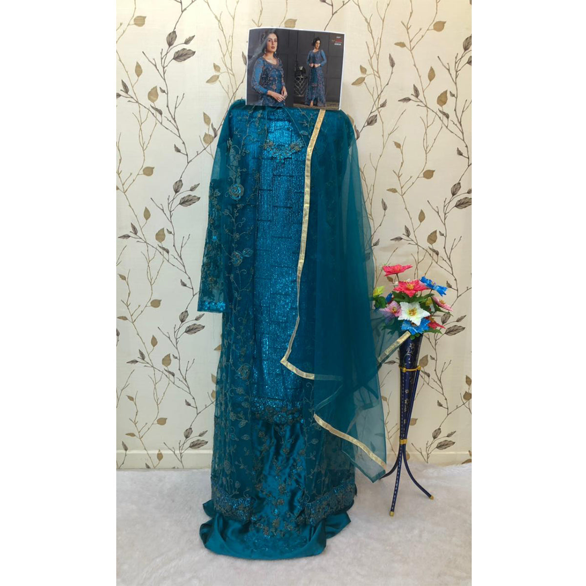 Shafnufab Turquoise Heavy Butterfly Net with Embroidery and Codding With Glitter Sequences
