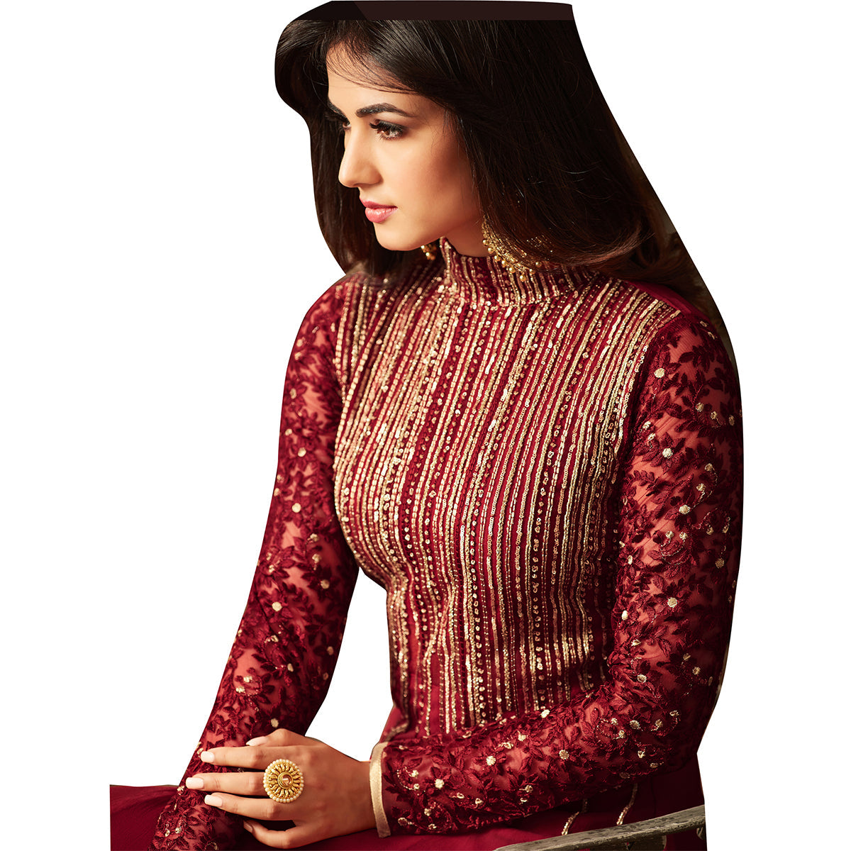 Shafnufab Red Embroidered Semi-Stitched Anarkali Suit