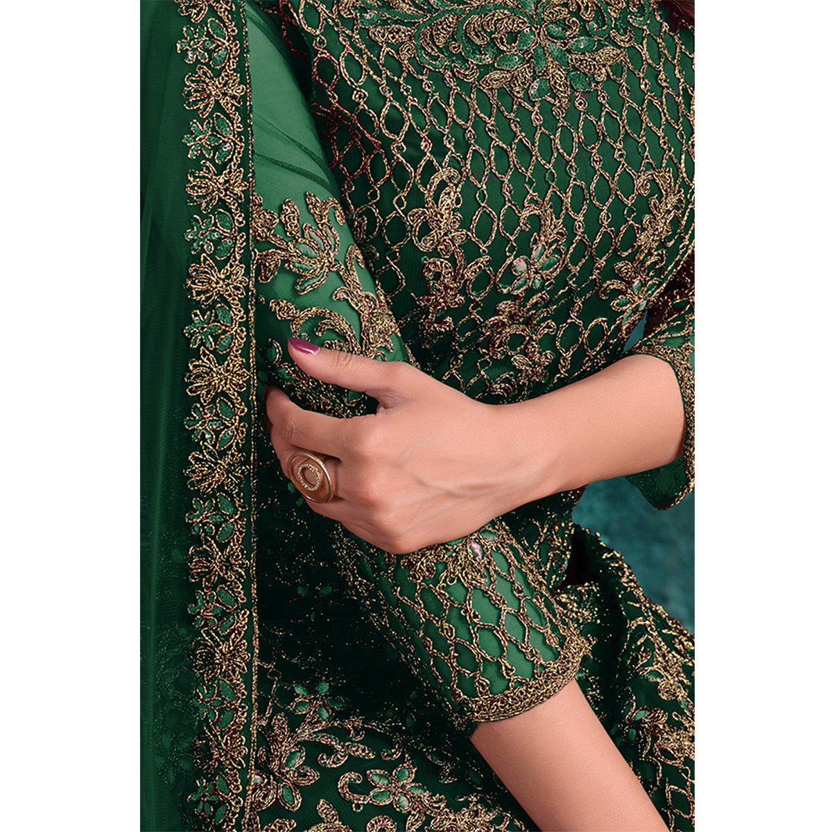 Shafnufab Embroidered Net Pakistani Suit in Green