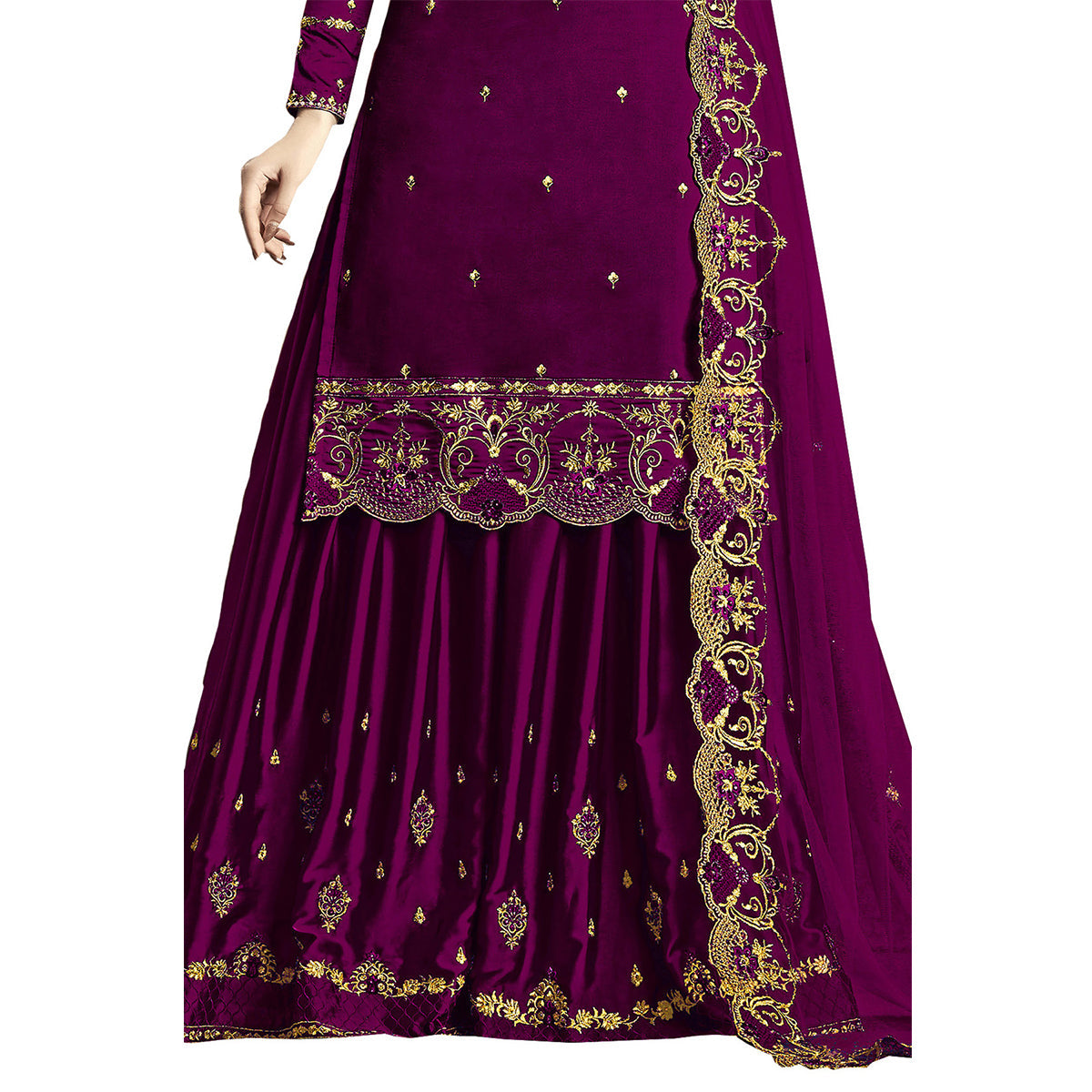 Shafnufab Women's Rangoli Silk Heavy Embroidery Work Plazzo Suit in Purple