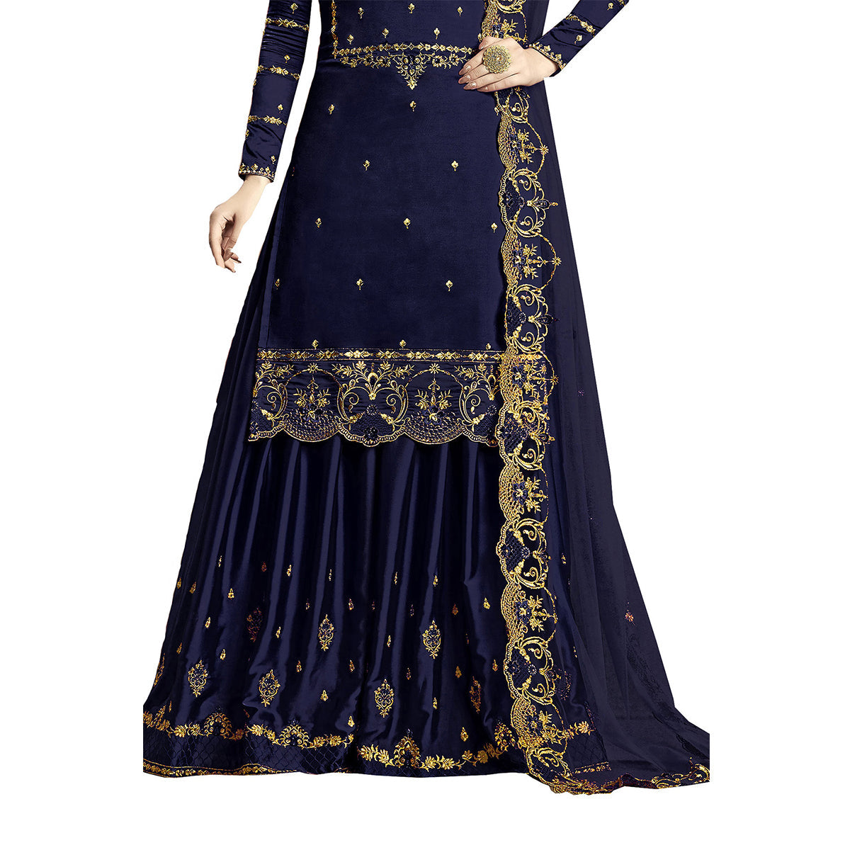 Shafnufab  Women's Rangoli Silk Heavy Embroidery Work Plazzo Suit in Blue