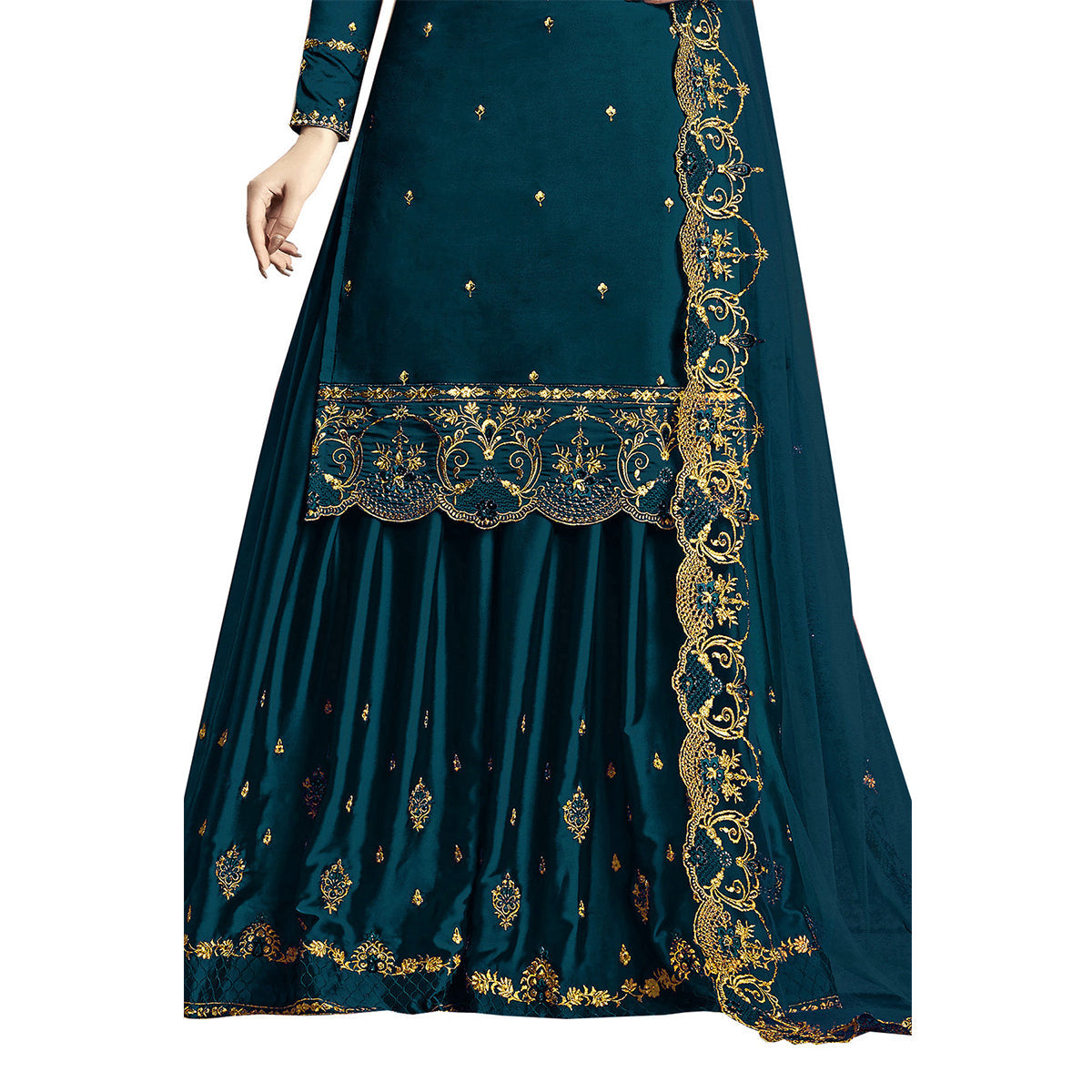 Shafnufab  Women's Rangoli Silk Heavy Embroidery Work Plazzo Suit in  Turquoise