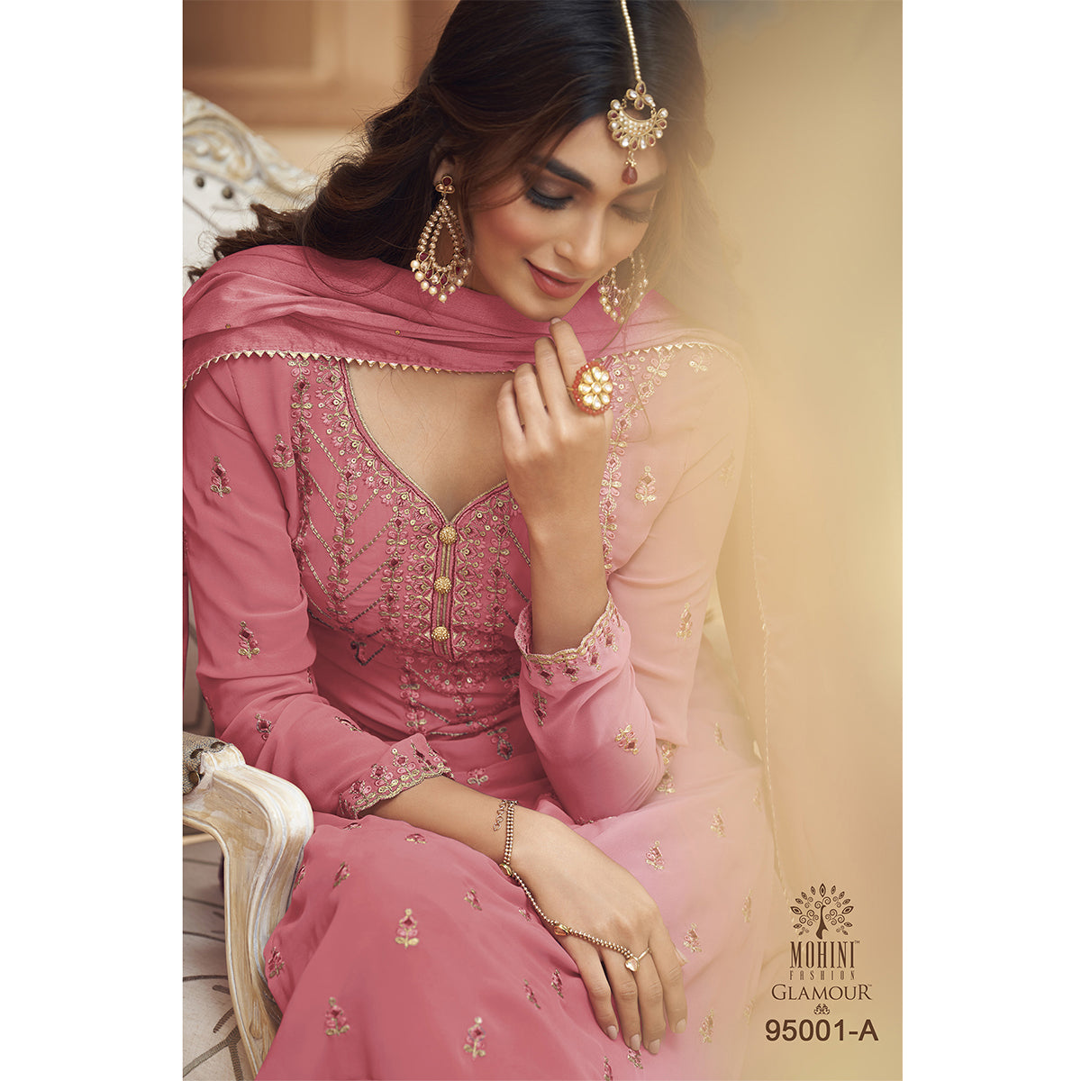 Shafnufab Pink Faux Georgette Embroidered Plazzo  Suit