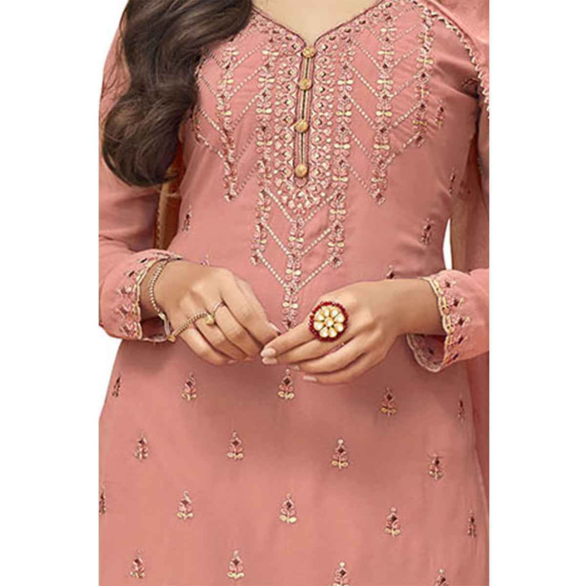 Shafnufab Peach Faux Georgette Embroidered Plazzo  Suit