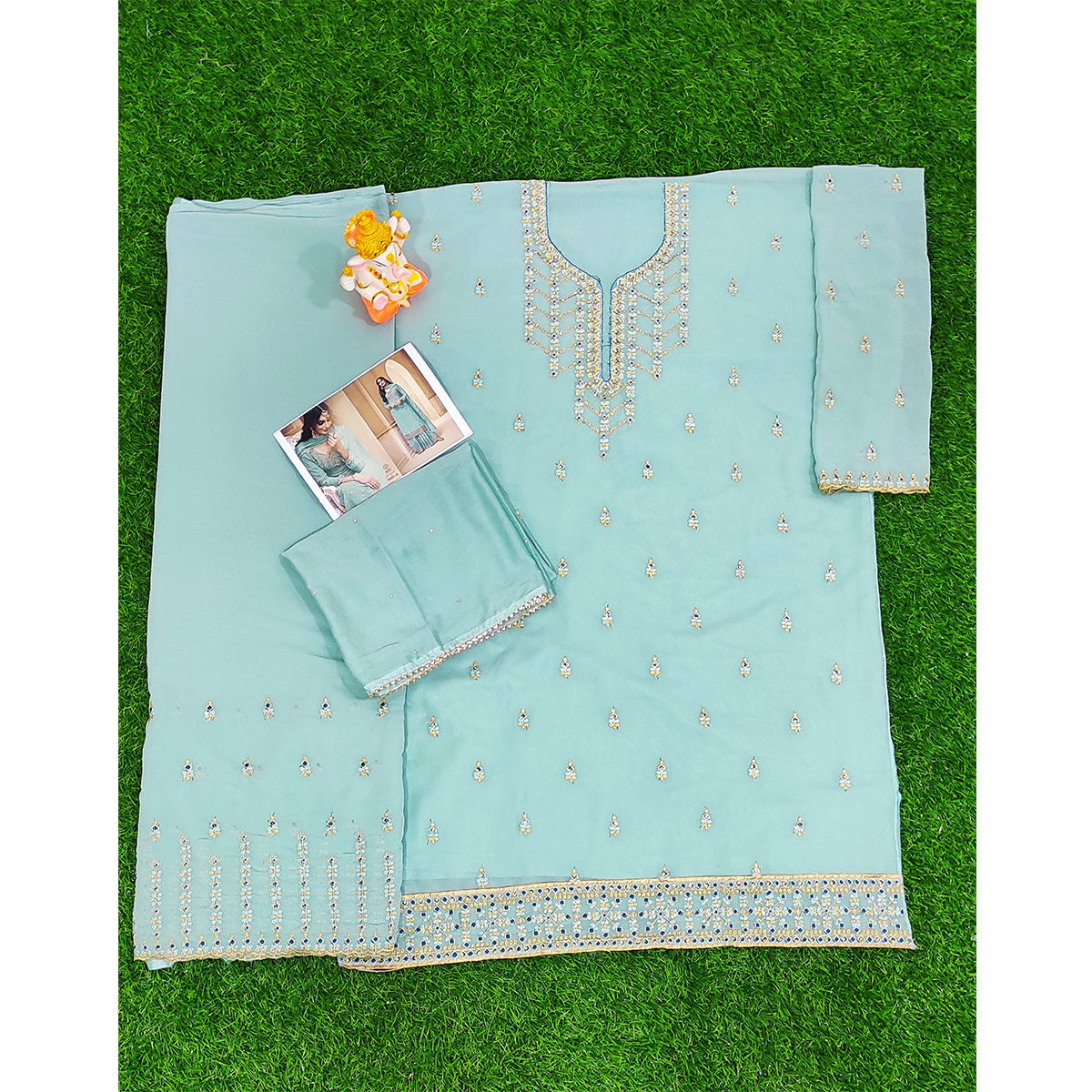 Shafnufab Sky Blue Faux Georgette Embroidered Plazzo  Suit
