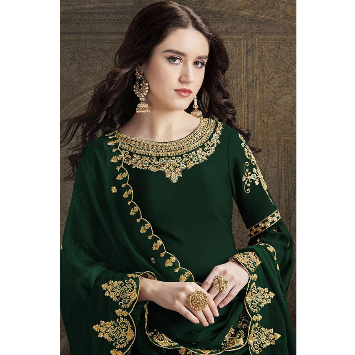 Shafnufab Embroidered Work Green  Color Georgette Fabric Party Wear Palazzo Suit