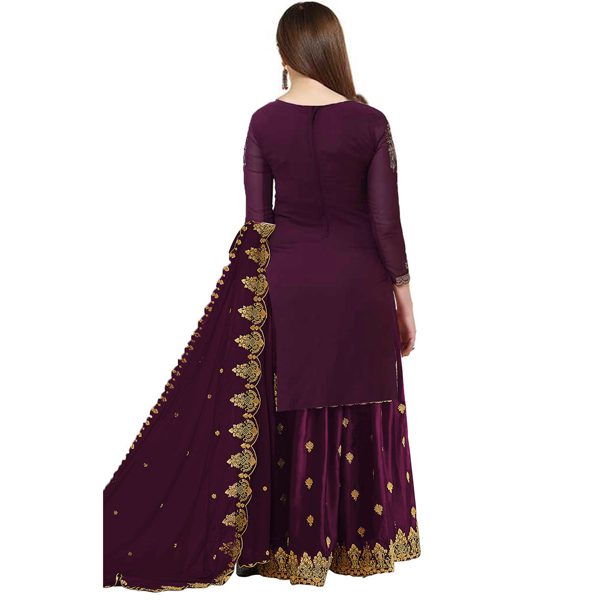 Shafnufab Embroidered Work Purple Color Georgette Fabric Party Wear Palazzo Suit