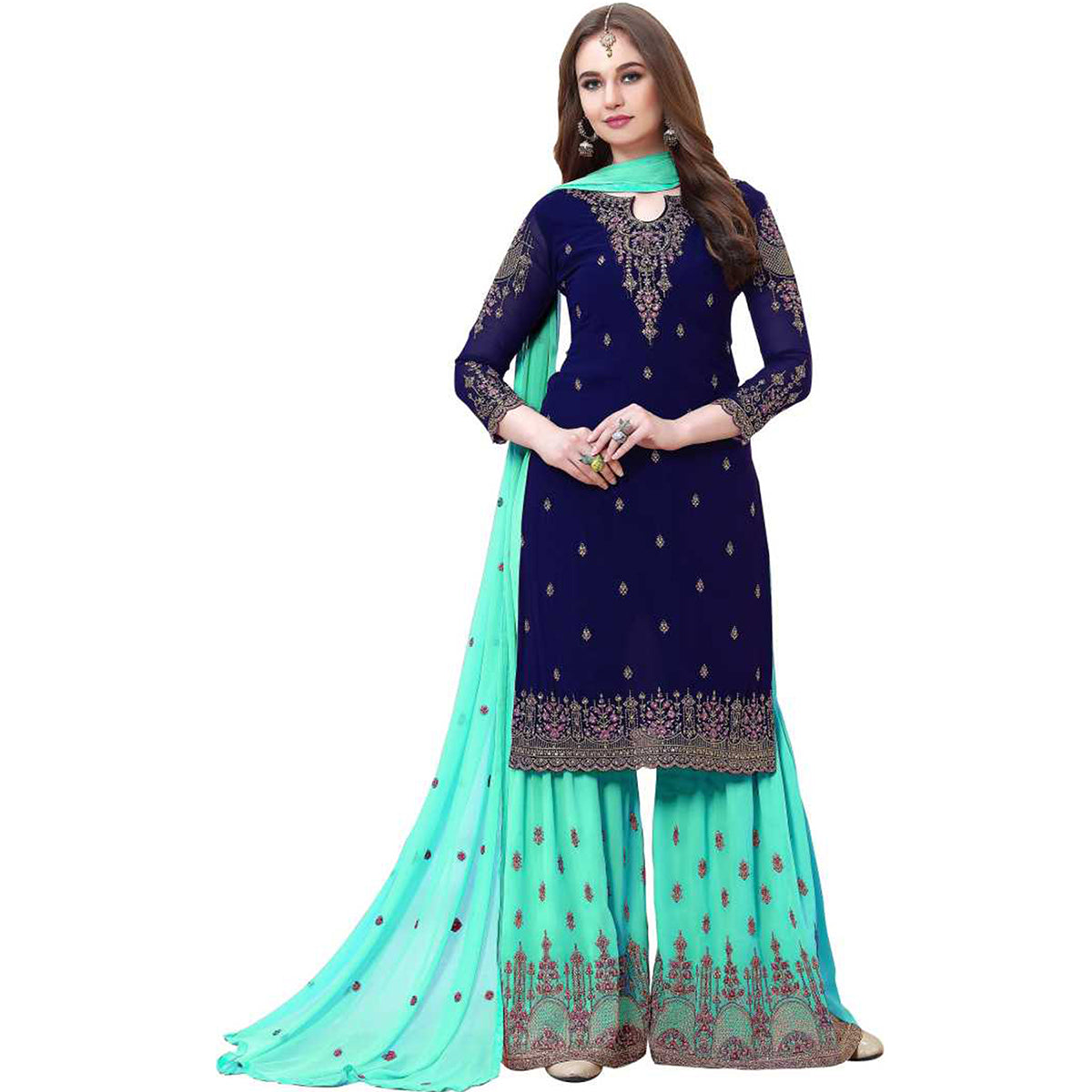 Shafnufab BLUE EMBROIDERED GEORGETTE SEMI STITCHED  Palazzo Suit