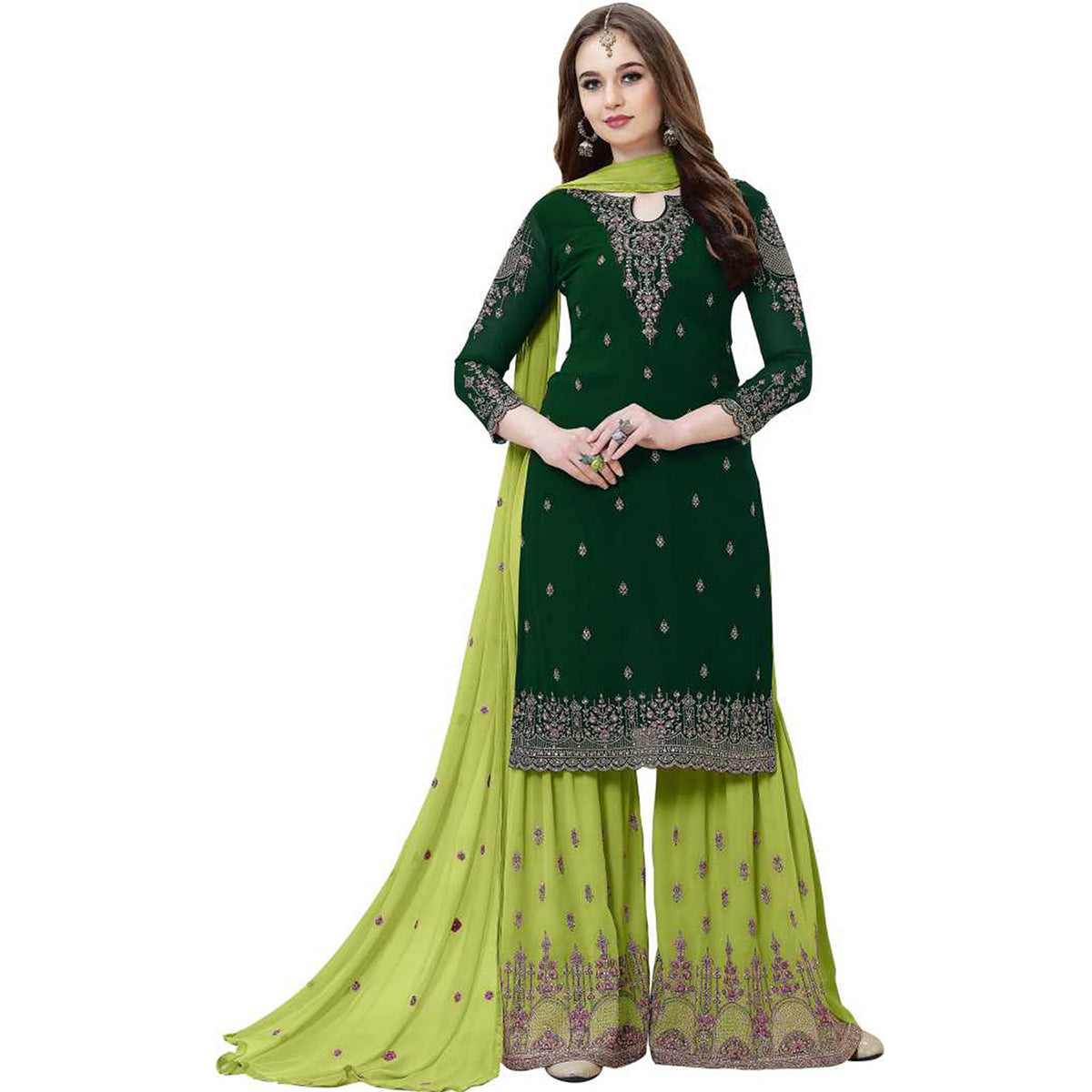 Shafnufab Grteen EMBROIDERED GEORGETTE SEMI STITCHED  Palazzo Suit