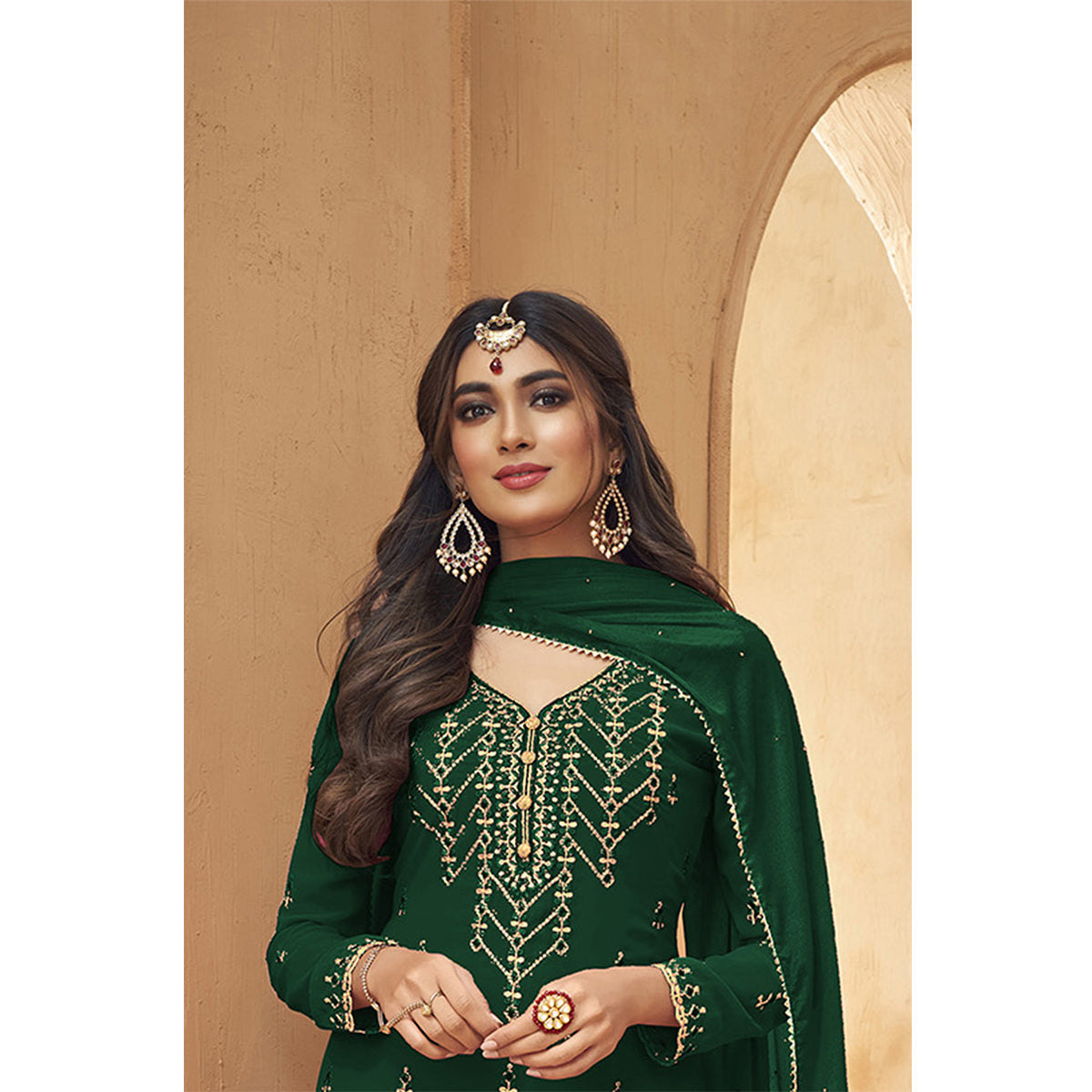 Shafnufab  Green Faux Georgette Embroidered Plazzo  Suit