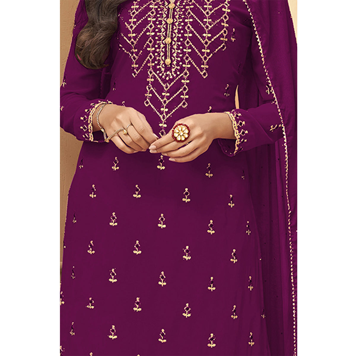 Shafnufab  Purpal Faux Georgette Embroidered Plazzo  Suit