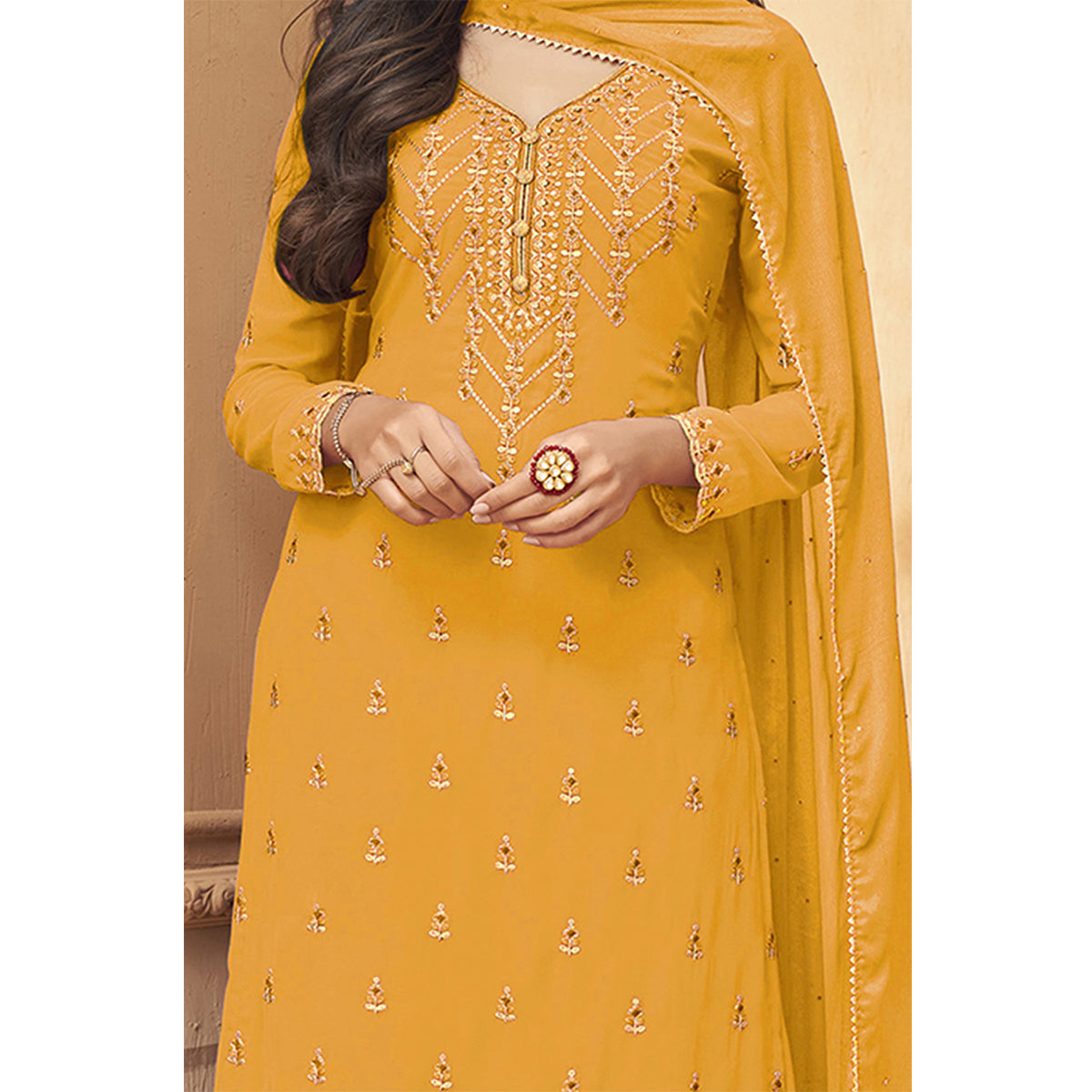 Shafnufab  Yellow Faux Georgette Embroidered Plazzo  Suit