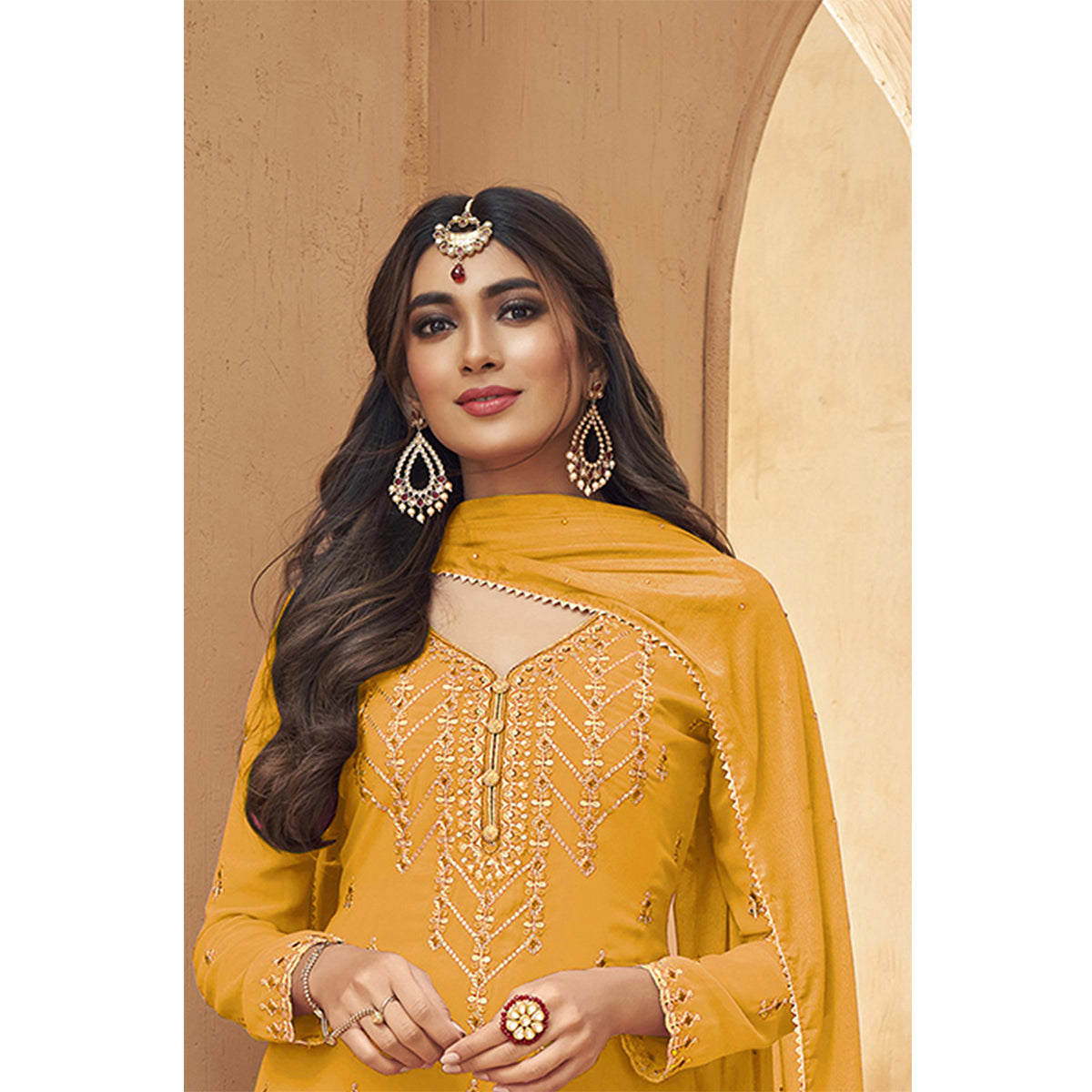 Shafnufab  Yellow Faux Georgette Embroidered Plazzo  Suit