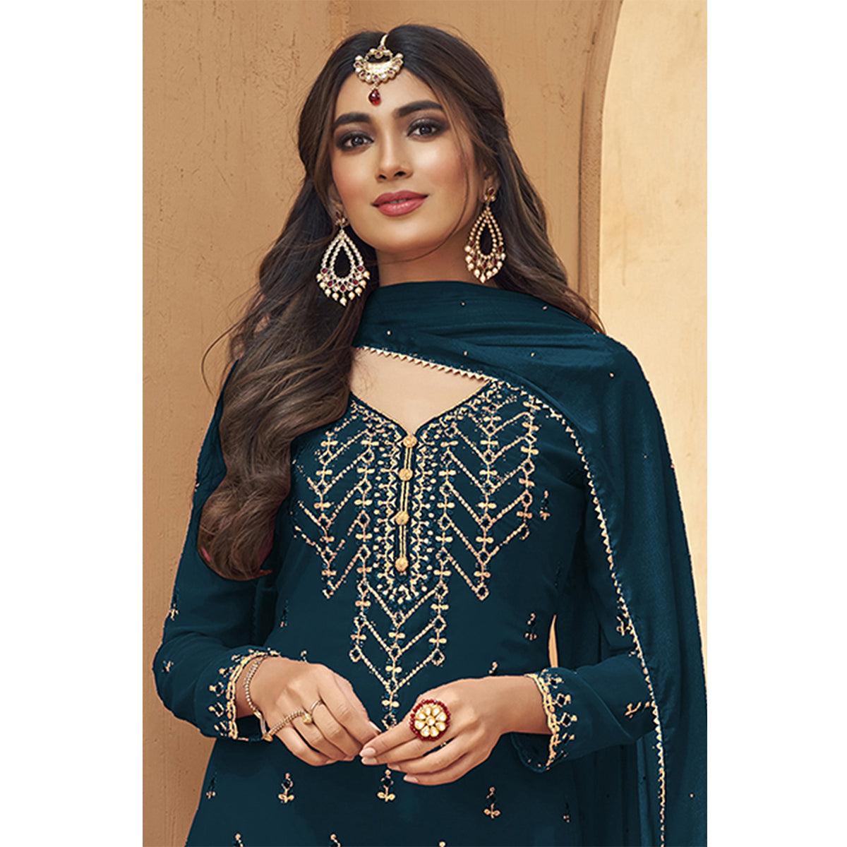 Shafnufab  Turquoise Faux Georgette Embroidered Plazzo  Suit