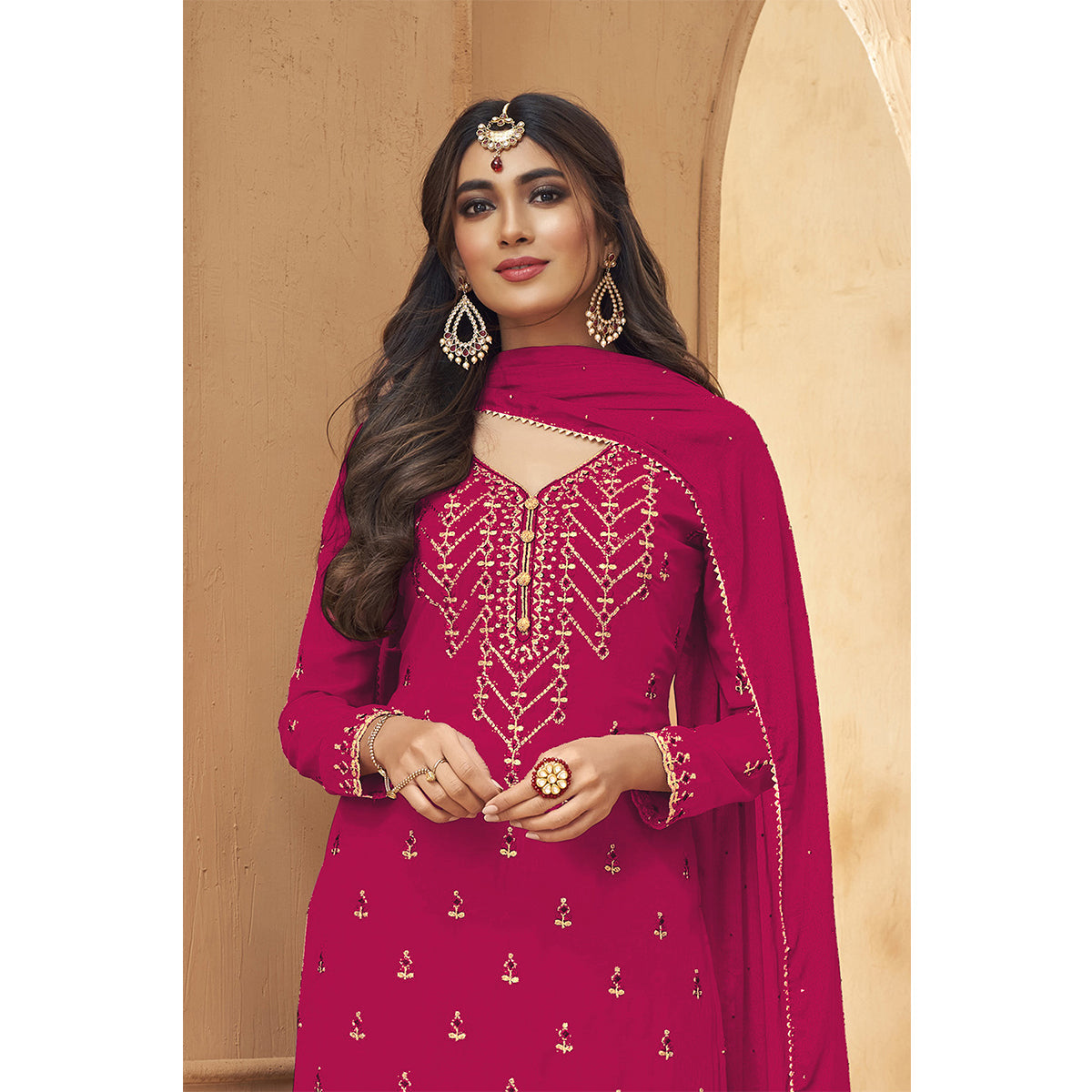 Shafnufab Rani Pink Faux Georgette Embroidered Plazzo  Suit