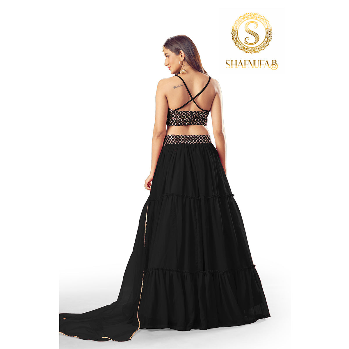 Shafnufab Women's Georgette Semi Stitched Lehenga Choli  (Black)