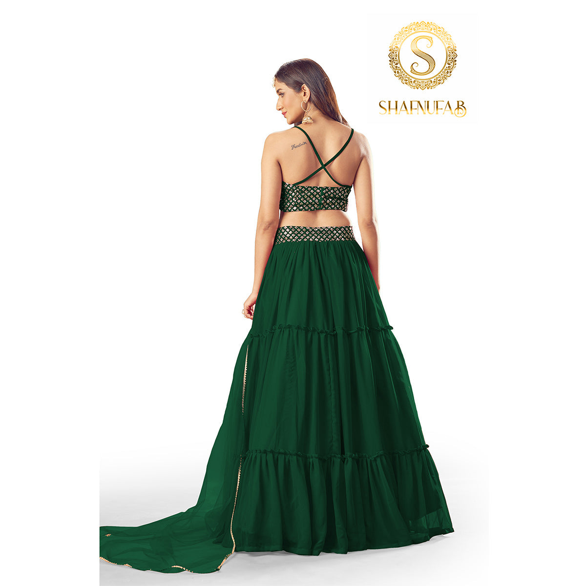 Shafnufab Women's Georgette Semi Stitched Lehenga Choli  (Green)