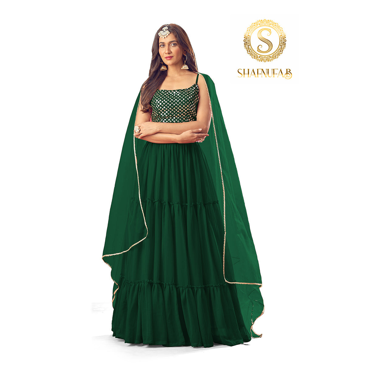 Shafnufab Women's Georgette Semi Stitched Lehenga Choli  (Green)