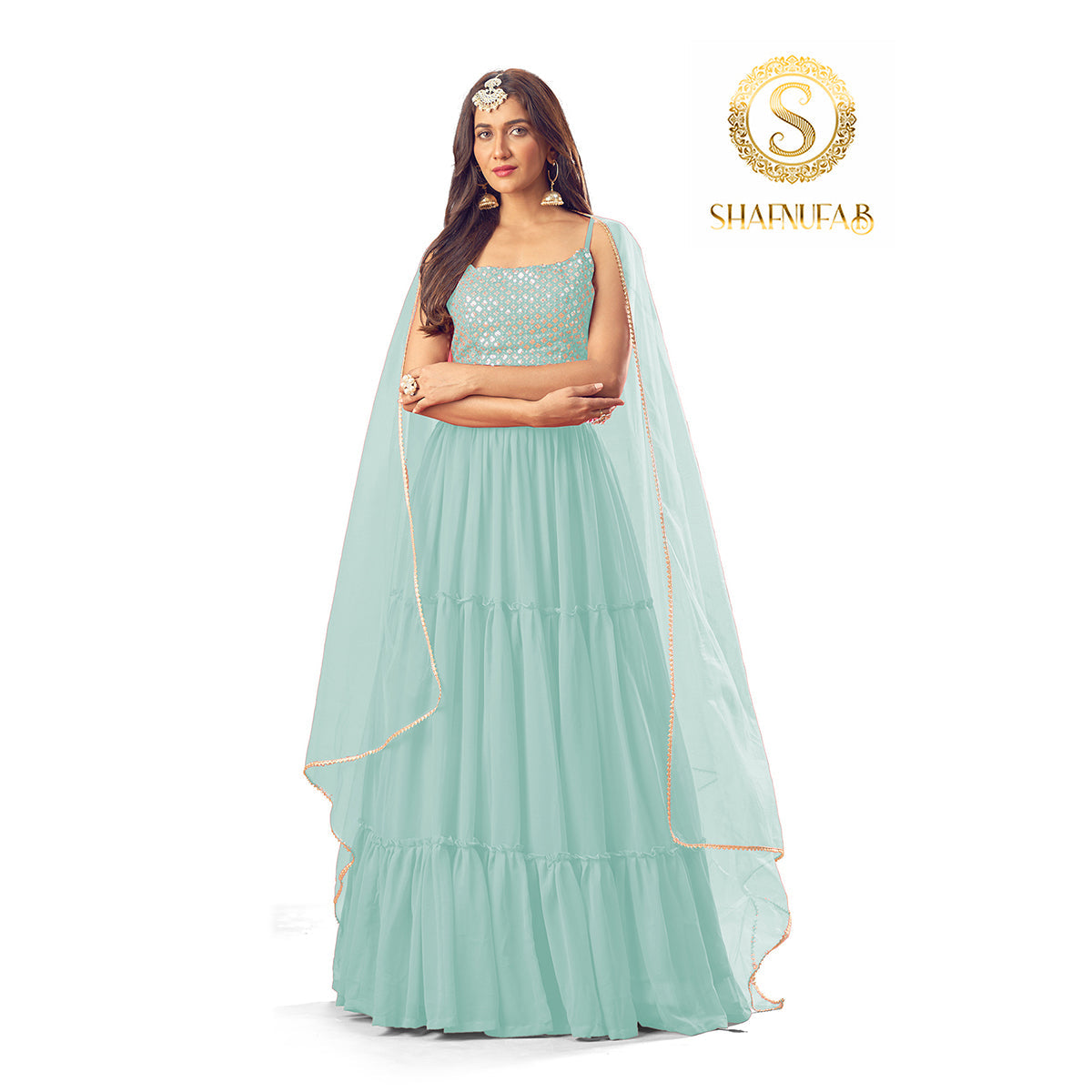 Shafnufab Women's Georgette Semi Stitched Lehenga Choli  (Sky blue)