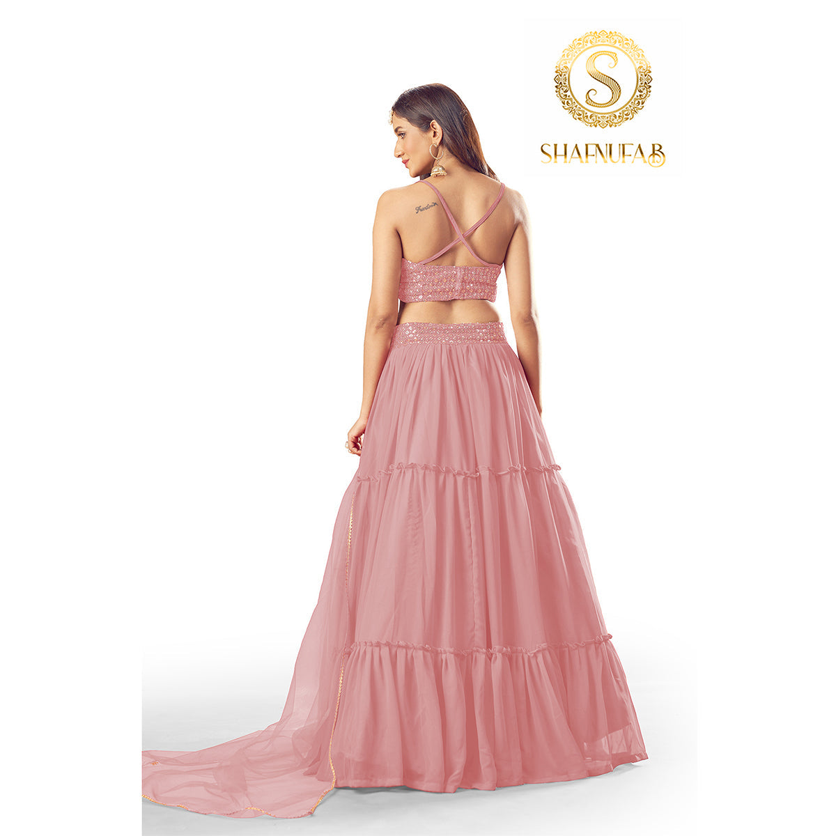 Shafnufab Women's Georgette Semi Stitched Lehenga Choli  (Peach)