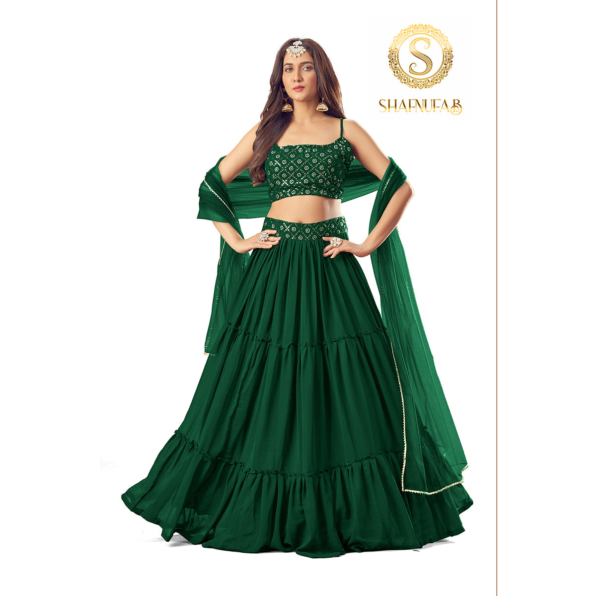 Shafnufab Green Colour Georgette Semi Stitched Wedding Lehenga Choli