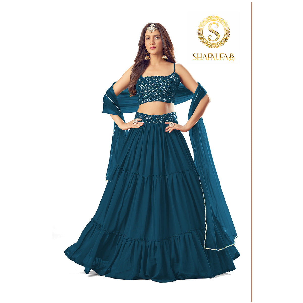 Shafnufab Turquoise Colour Georgette Semi Stitched Wedding Lehenga Choli